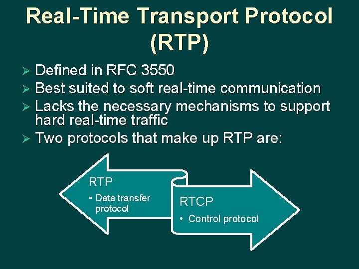 Real-Time Transport Protocol (RTP) Ø Defined in RFC 3550 Ø Best suited to soft