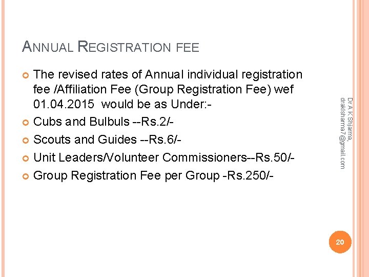 ANNUAL REGISTRATION FEE The revised rates of Annual individual registration fee /Affiliation Fee (Group