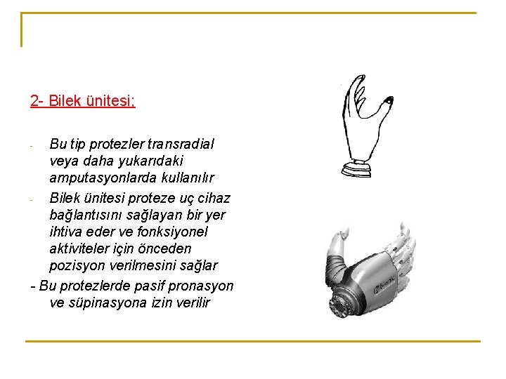 2 - Bilek ünitesi; Bu tip protezler transradial veya daha yukarıdaki amputasyonlarda kullanılır Bilek