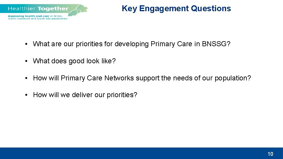 Key Engagement Questions • What are our priorities for developing Primary Care in BNSSG?