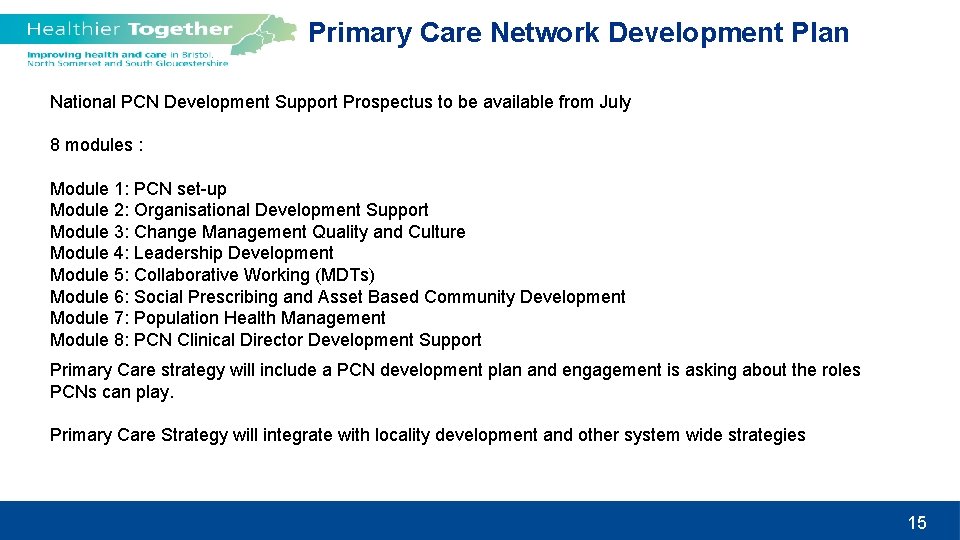 Primary Care Network Development Plan National PCN Development Support Prospectus to be available from