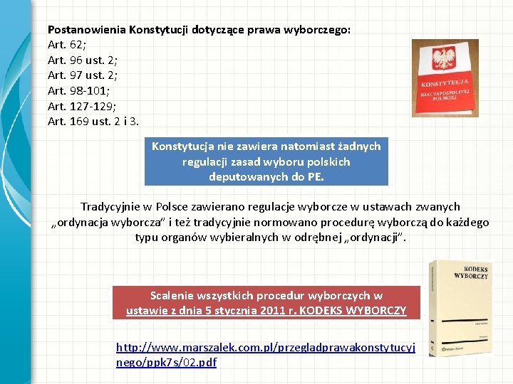 Postanowienia Konstytucji dotyczące prawa wyborczego: Art. 62; Art. 96 ust. 2; Art. 97 ust.