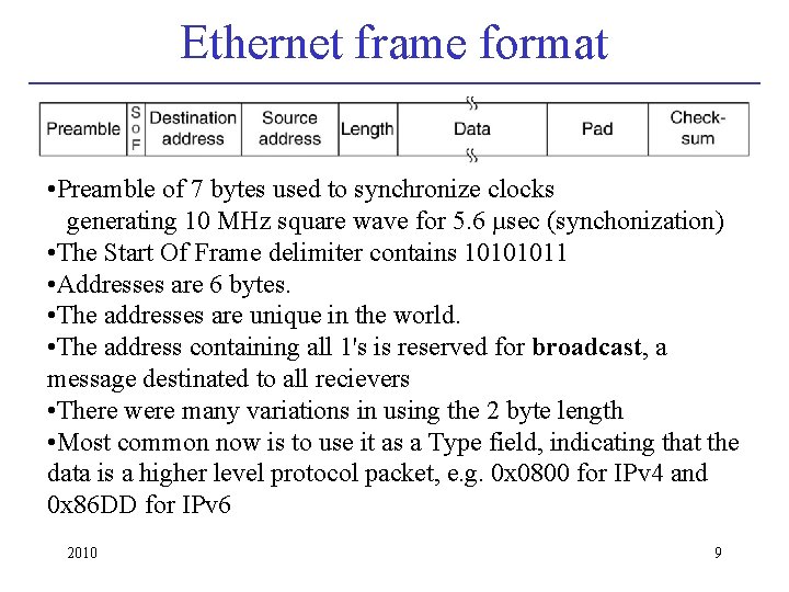 Ethernet frame format • Preamble of 7 bytes used to synchronize clocks generating 10