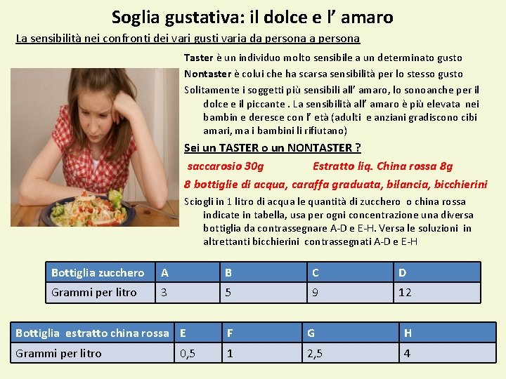 Soglia gustativa: il dolce e l’ amaro La sensibilità nei confronti dei vari gusti