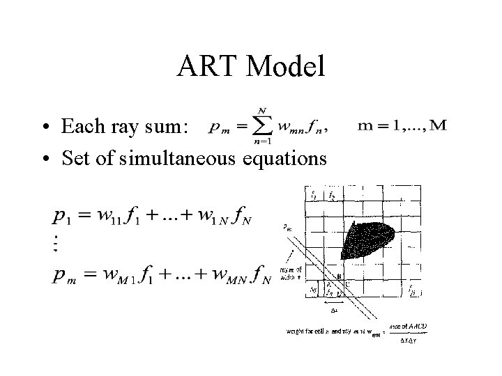 ART Model • Each ray sum: • Set of simultaneous equations ART Model • Each ray sum: • Set of simultaneous equations