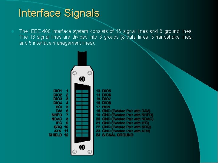 Interface Signals l The IEEE-488 interface system consists of 16 signal lines and 8