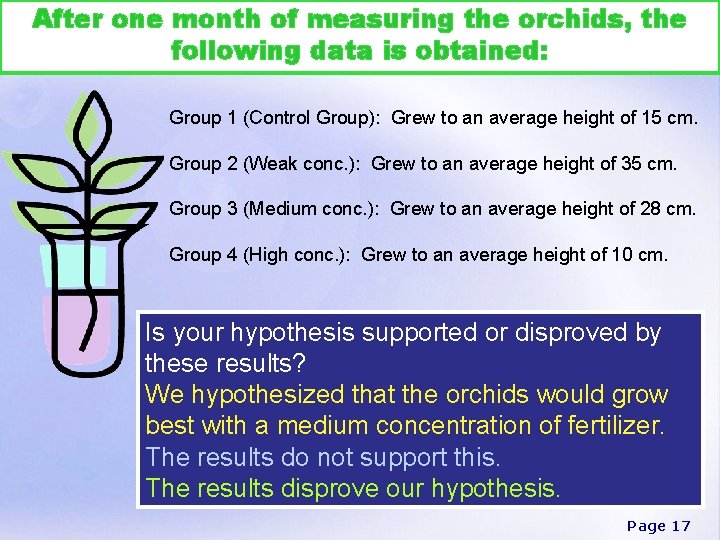 After one month of measuring the orchids, the following data is obtained: Group 1