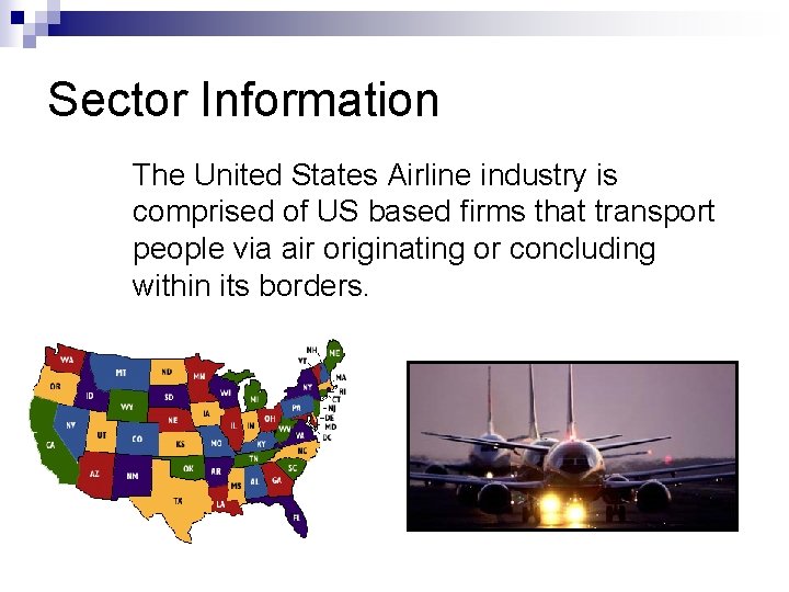 Sector Information The United States Airline industry is comprised of US based firms that