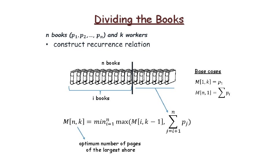 Dividing the Books n books Base cases i books optimum number of pages of