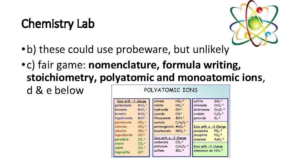 Chemistry Lab • b) these could use probeware, but unlikely • c) fair game: