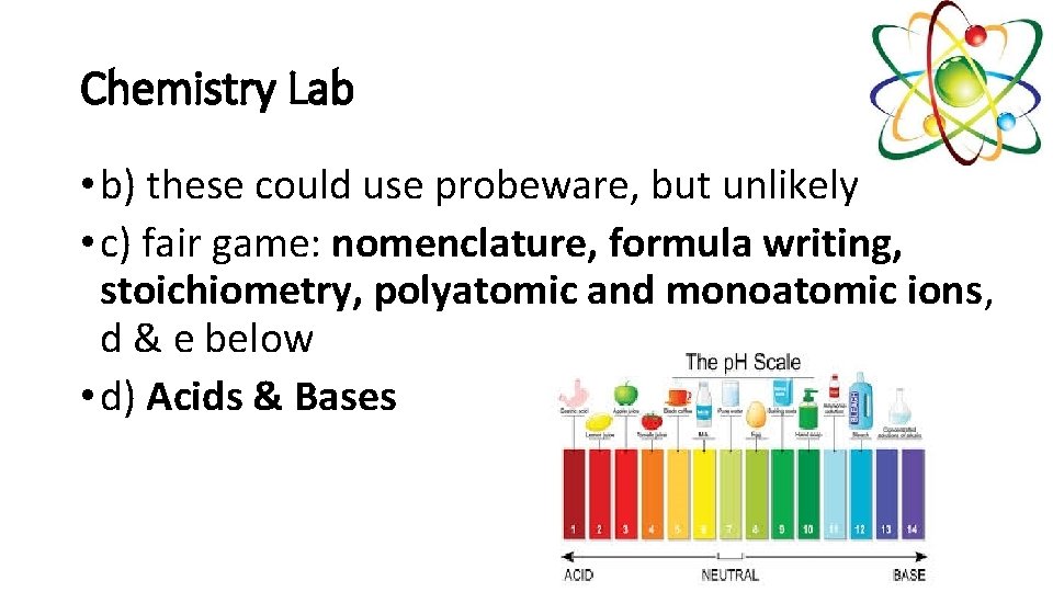 Chemistry Lab • b) these could use probeware, but unlikely • c) fair game: