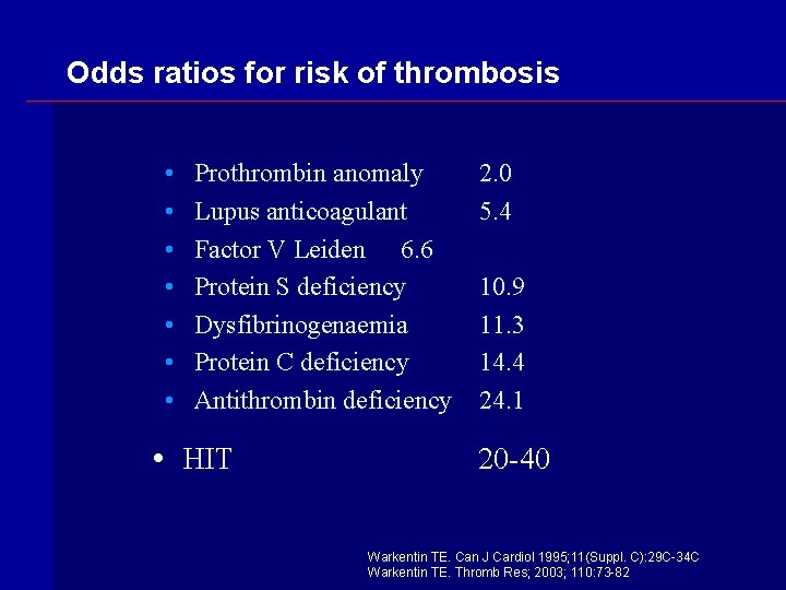 Odds ratios for risk of thrombosis • • Prothrombin anomaly Lupus anticoagulant Factor V