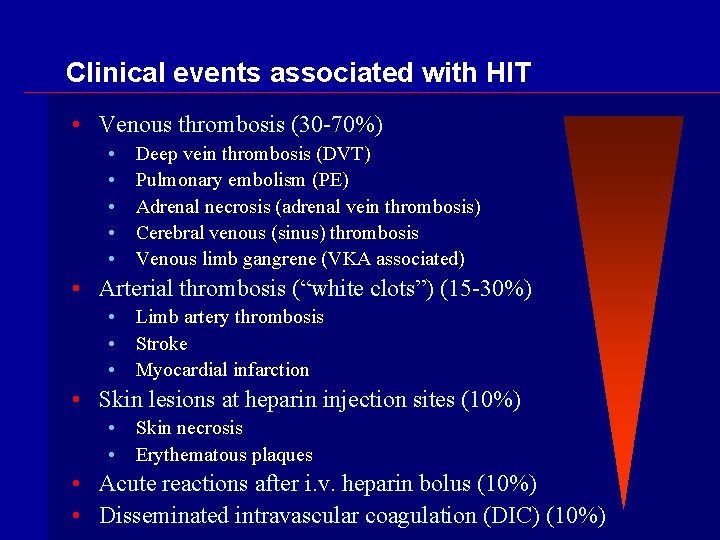 Clinical events associated with HIT • Venous thrombosis (30 -70%) • • • Deep