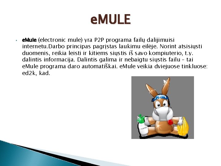 e. MULE • e. Mule (electronic mule) yra P 2 P programa failų dalijimuisi
