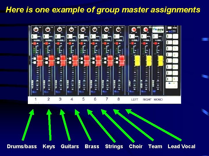 Here is one example of group master assignments Drums/bass Keys Guitars Brass Strings Choir
