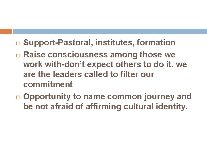  Support-Pastoral, institutes, formation Raise consciousness among those we work with-don’t expect others to