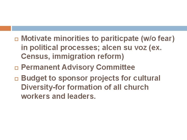  Motivate minorities to pariticpate (w/o fear) in political processes; alcen su voz (ex.