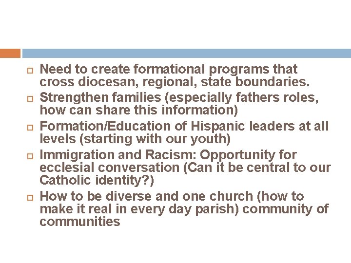  Need to create formational programs that cross diocesan, regional, state boundaries. Strengthen families