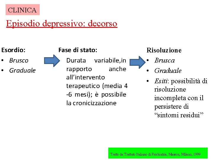 CLINICA Episodio depressivo: decorso Esordio: • Brusco • Graduale Fase di stato: Durata variabile,