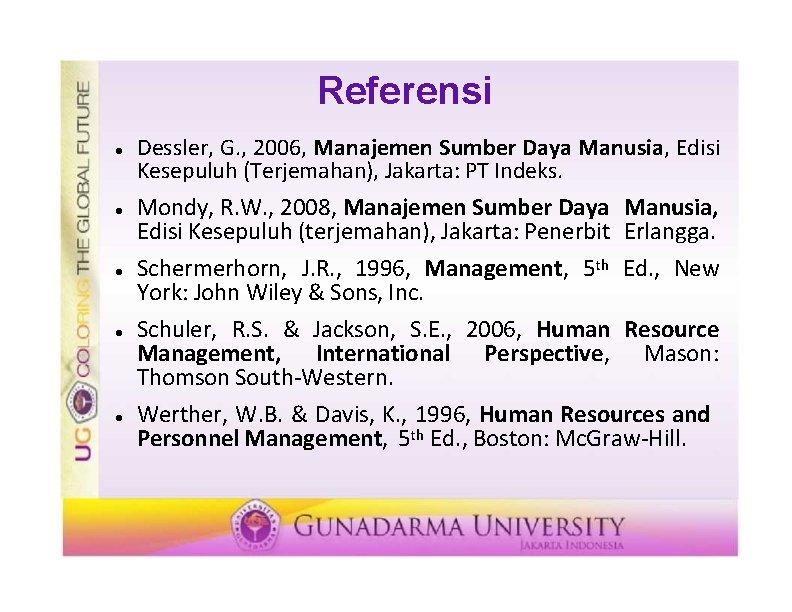 Referensi Dessler, G. , 2006, Manajemen Sumber Daya Manusia, Edisi Kesepuluh (Terjemahan), Jakarta: PT
