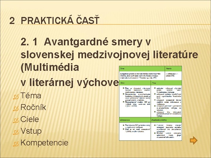 2 PRAKTICKÁ ČASŤ 2. 1 Avantgardné smery v slovenskej medzivojnovej literatúre (Multimédia v literárnej
