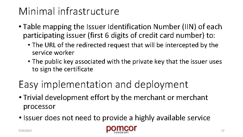 Minimal infrastructure • Table mapping the Issuer Identification Number (IIN) of each participating issuer