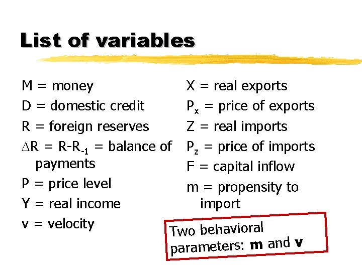 List of variables M = money X = real exports D = domestic credit