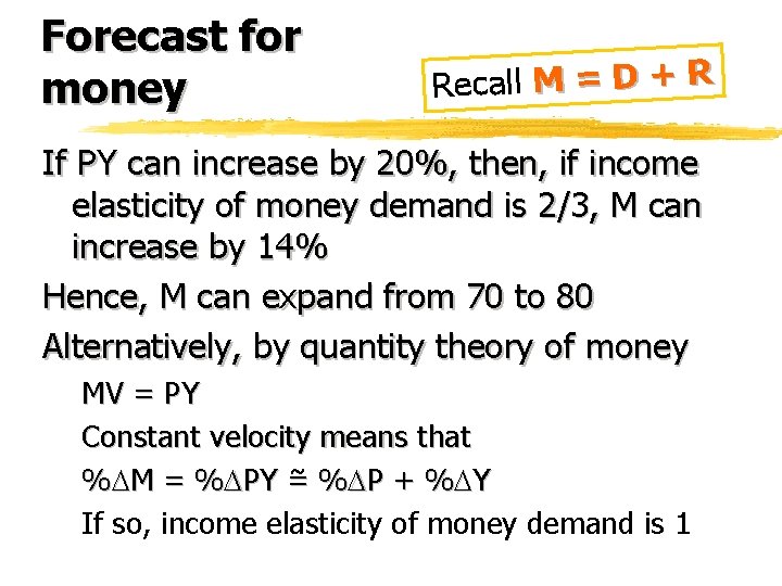 Forecast for money Recall M = D + R If PY can increase by