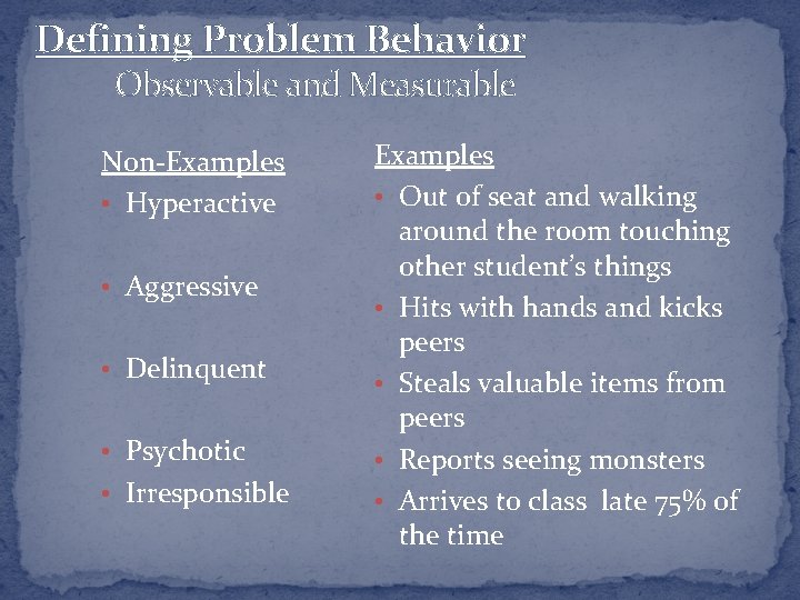 Defining Problem Behavior Observable and Measurable Non-Examples • Hyperactive • Aggressive • Delinquent •