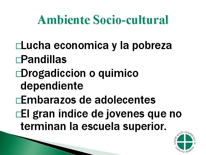 Ambiente Socio-cultural �Lucha economica y la pobreza �Pandillas �Drogadiccion o quimico dependiente �Embarazos de