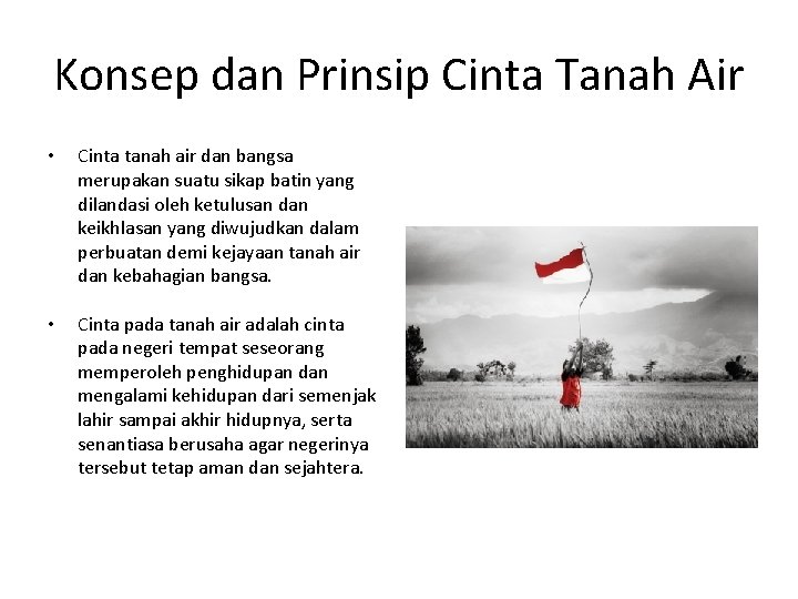 Konsep dan Prinsip Cinta Tanah Air • Cinta tanah air dan bangsa merupakan suatu