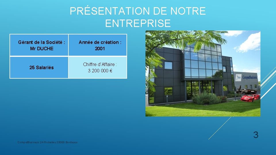 PRÉSENTATION DE NOTRE ENTREPRISE Gérant de la Société : Mr DUCHE Année de création