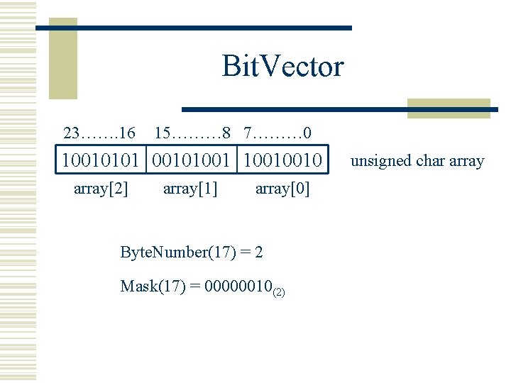 Bit. Vector 23……. 16 15……… 8 7……… 0 10010101 001010010010 array[2] array[1] array[0] Byte.