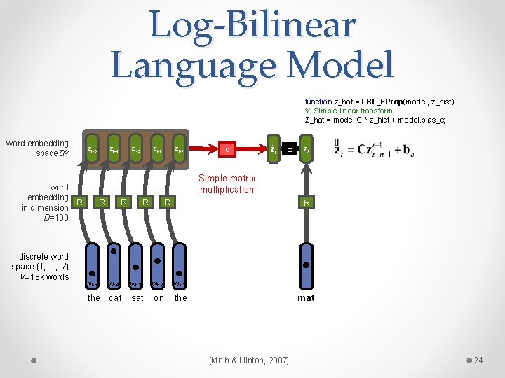 Log-Bilinear Language Model function z_hat = LBL_FProp(model, z_hist) % Simple linear transform Z_hat =