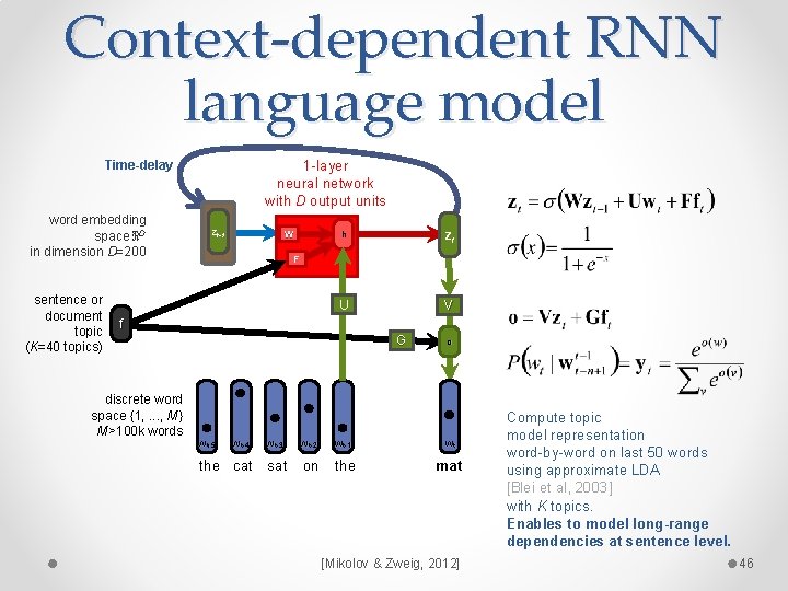 Context-dependent RNN language model 1 -layer neural network with D output units Time-delay word