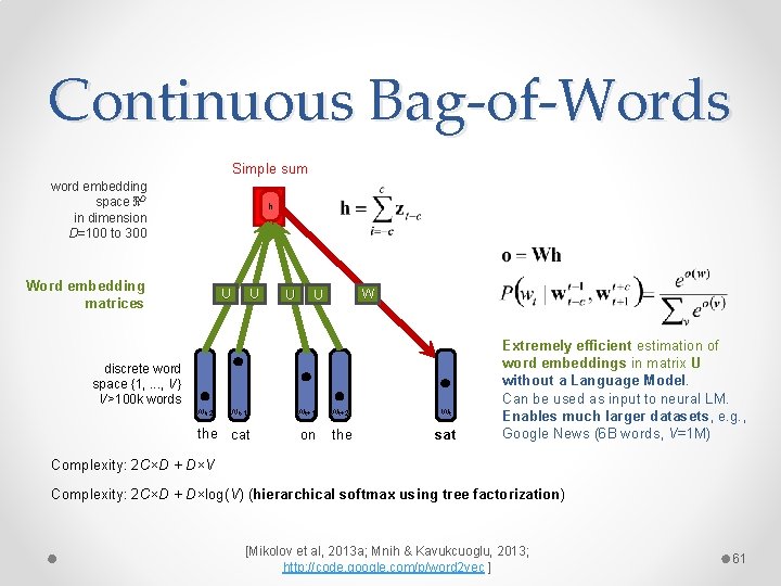 Continuous Bag-of-Words Simple sum word embedding space ℜD in dimension D=100 to 300 h