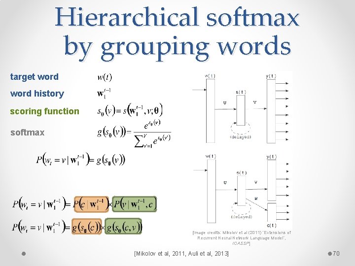 Hierarchical softmax by grouping words target word history scoring function softmax [Image credits: Mikolov