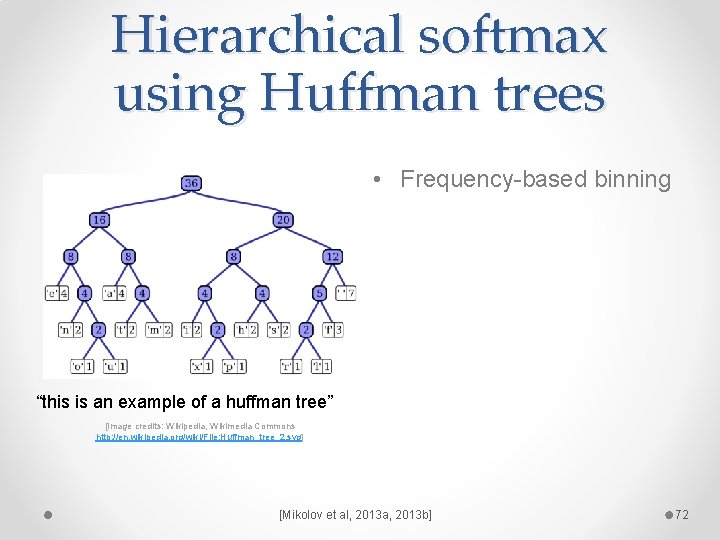 Hierarchical softmax using Huffman trees • Frequency-based binning “this is an example of a