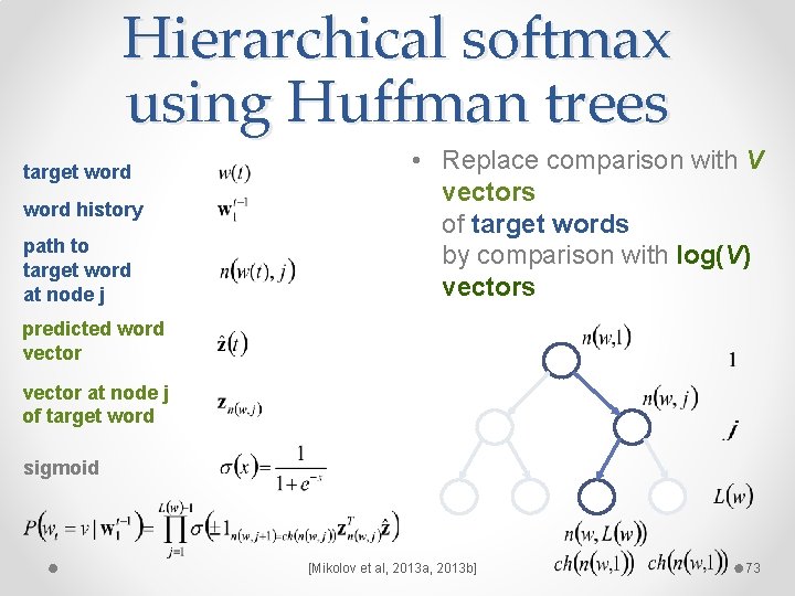 Hierarchical softmax using Huffman trees target word history path to target word at node