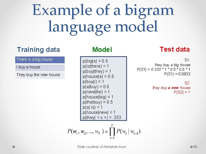 Example of a bigram language model Training data There is a big house I