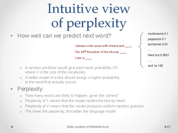 Intuitive view of perplexity • How well can we predict next word? I always