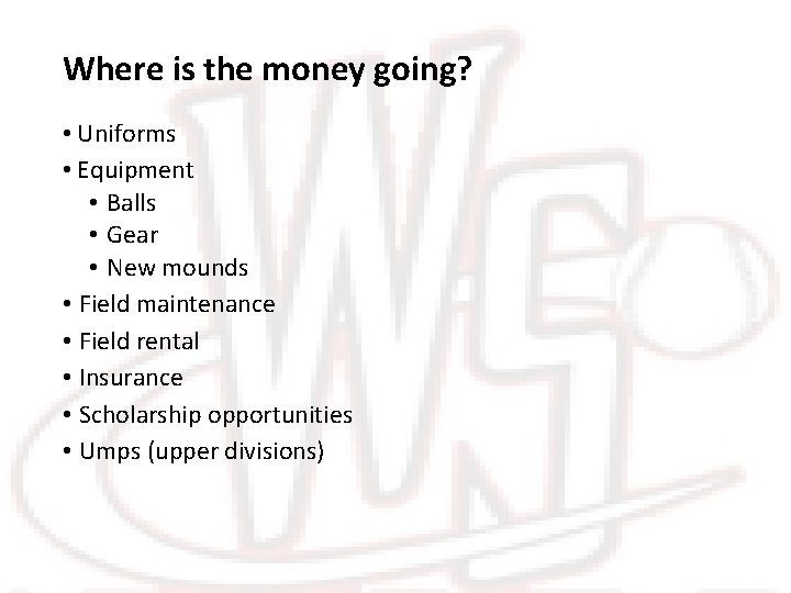 Where is the money going? • Uniforms • Equipment • Balls • Gear •