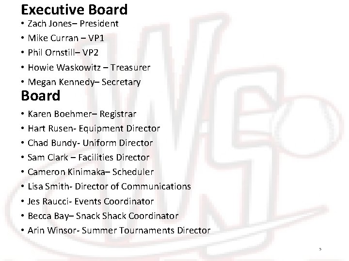 Executive Board • Zach Jones– President • Mike Curran – VP 1 • Phil