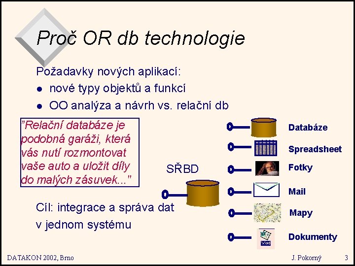 Proč OR db technologie Požadavky nových aplikací: l nové typy objektů a funkcí l