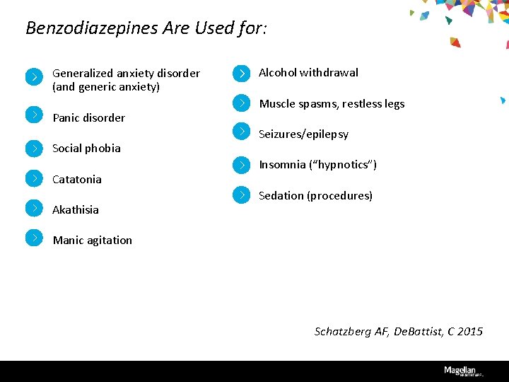 Benzodiazepines Are Used for: Generalized anxiety disorder (and generic anxiety) Panic disorder Social phobia