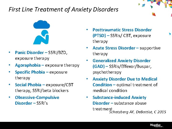 First Line Treatment of Anxiety Disorders • Panic Disorder – SSRI/BZD, exposure therapy •