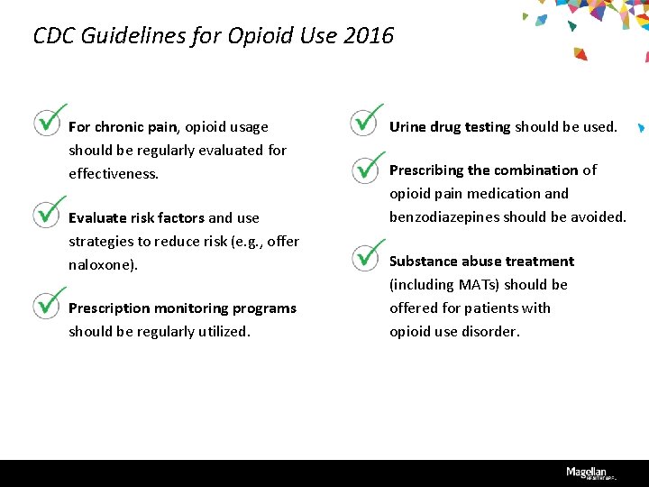 CDC Guidelines for Opioid Use 2016 For chronic pain, opioid usage should be regularly