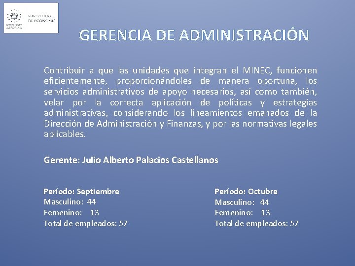 GERENCIA DE ADMINISTRACIÓN Contribuir a que las unidades que integran el MINEC, funcionen eficientemente,