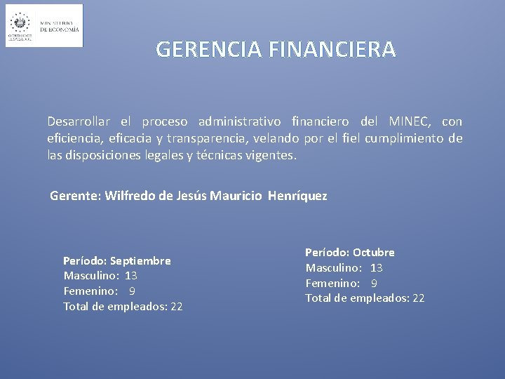 GERENCIA FINANCIERA Desarrollar el proceso administrativo financiero del MINEC, con eficiencia, eficacia y transparencia,
