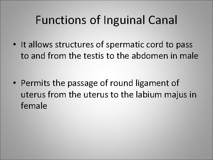 Functions of Inguinal Canal • It allows structures of spermatic cord to pass to